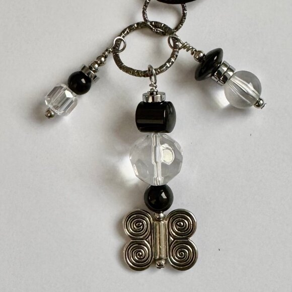 Necklace handmade 3 tier dangle silver butterfly black clear silver beads OOAK - Picture 6 of 10